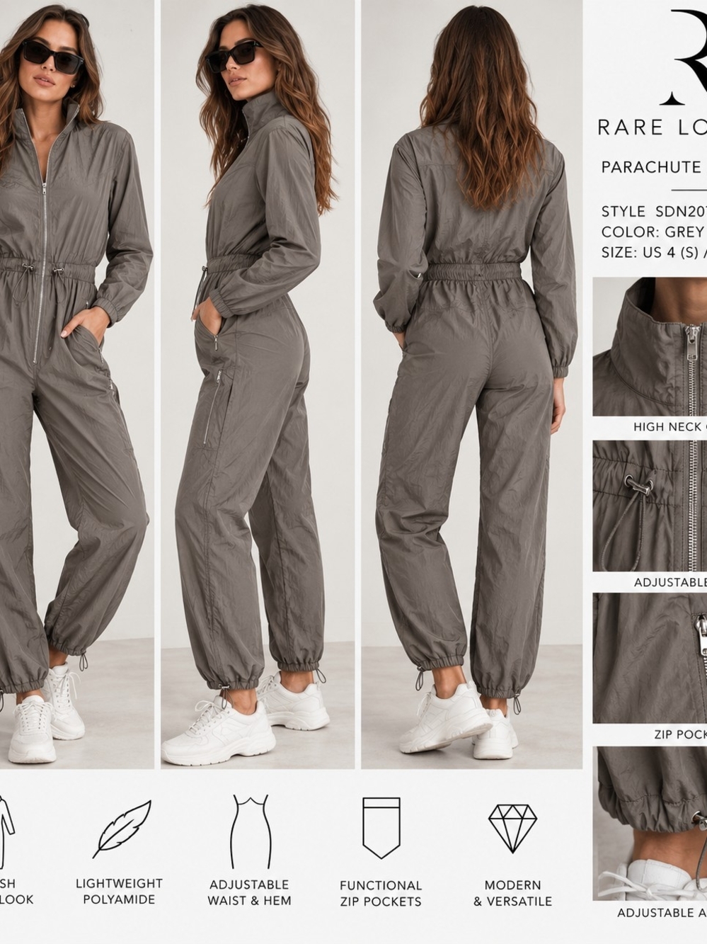 Rare London Parachute Utility Jumpsuit Grey NWT US 4
